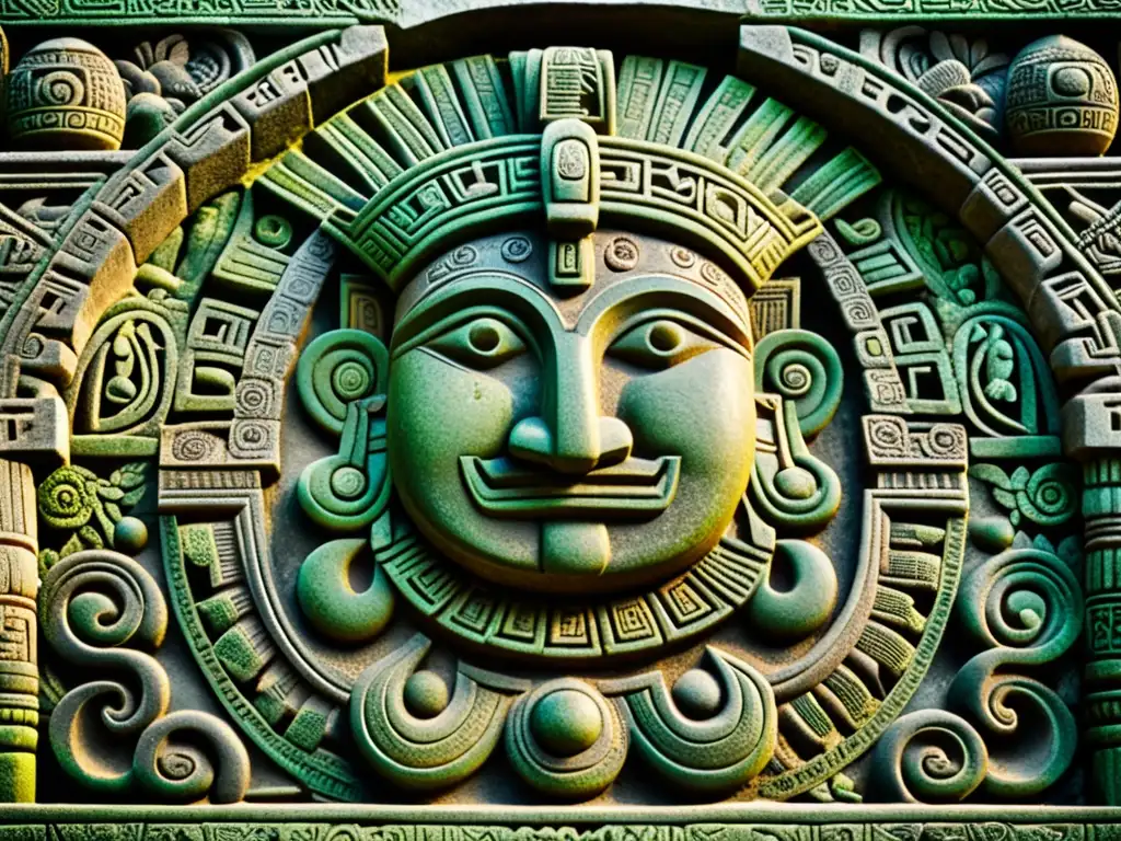 Detalle de relieve de piedra maya con patrones artísticos de civilizaciones antiguas, envejecido y cubierto de musgo y líquenes