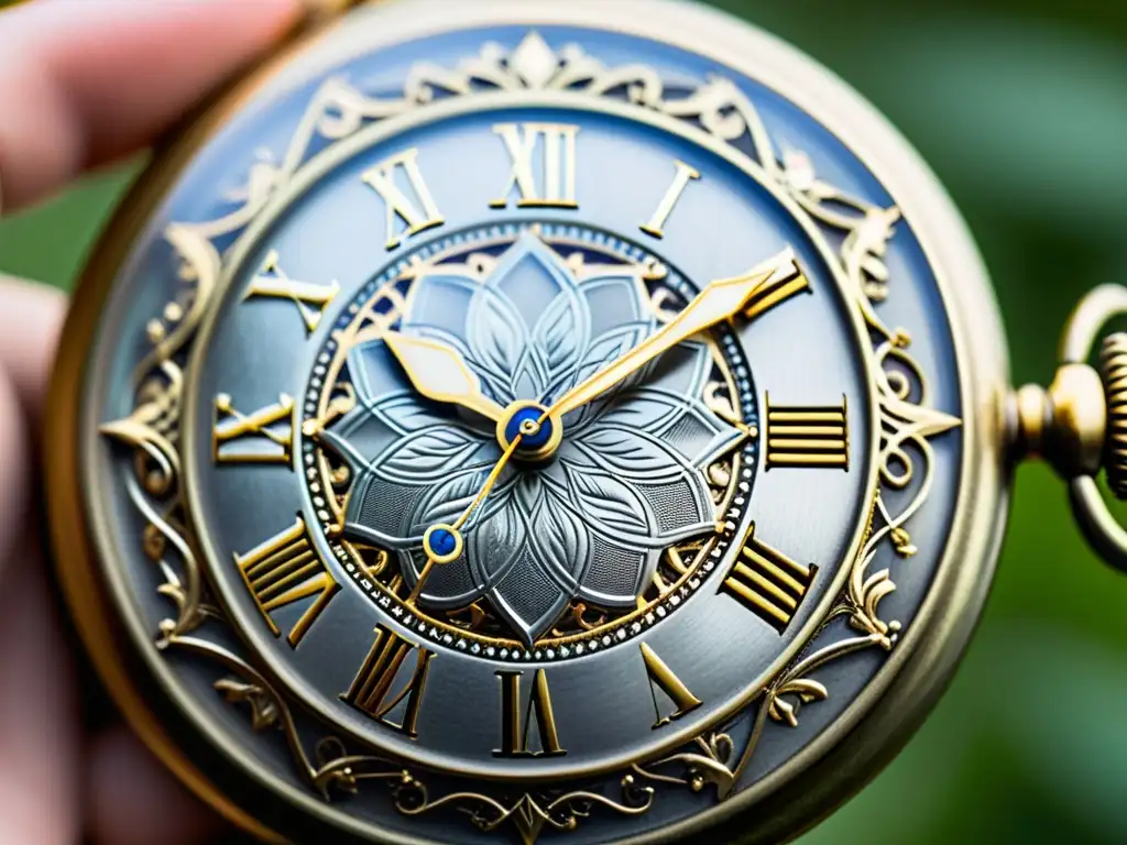 Detalle de un reloj de bolsillo vintage con patrones icónicos en relojes de colección, resaltando la elegante artesanía y la pátina envejecida del metal