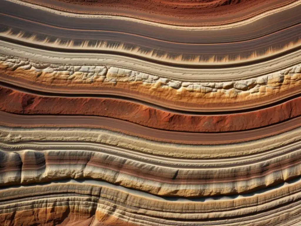 Detalle de roca sedimentaria con patrones en estratificación en tonos terrosos, evocando la belleza y complejidad geológica