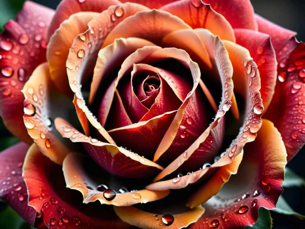 Detalle de un rojo vibrante rosa con gotas de agua en los pétalos