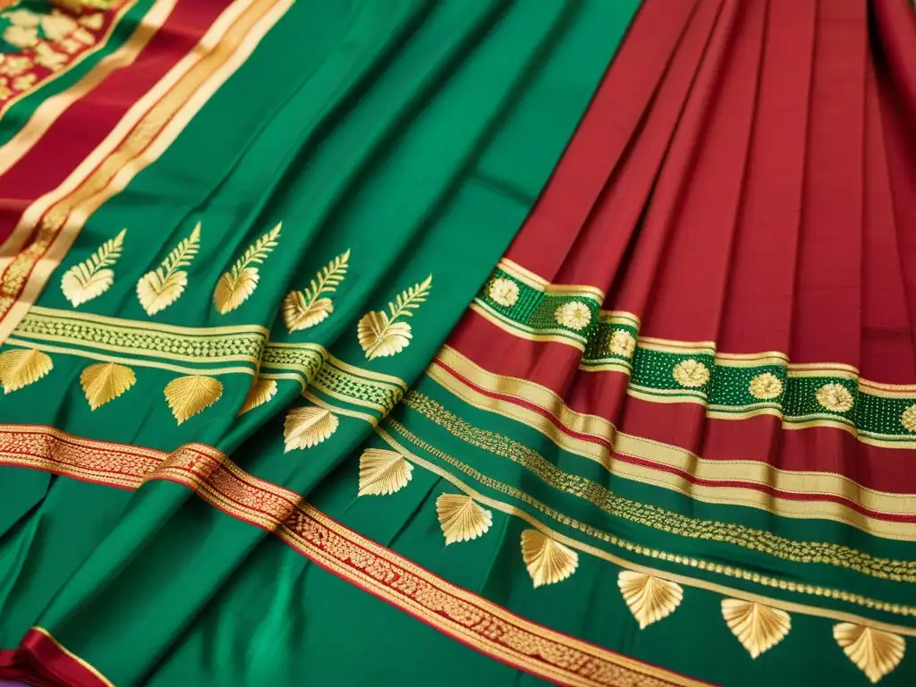 Detalle de un saree de Bengal vintage con patrones y colores vibrantes de la cultura tradicional