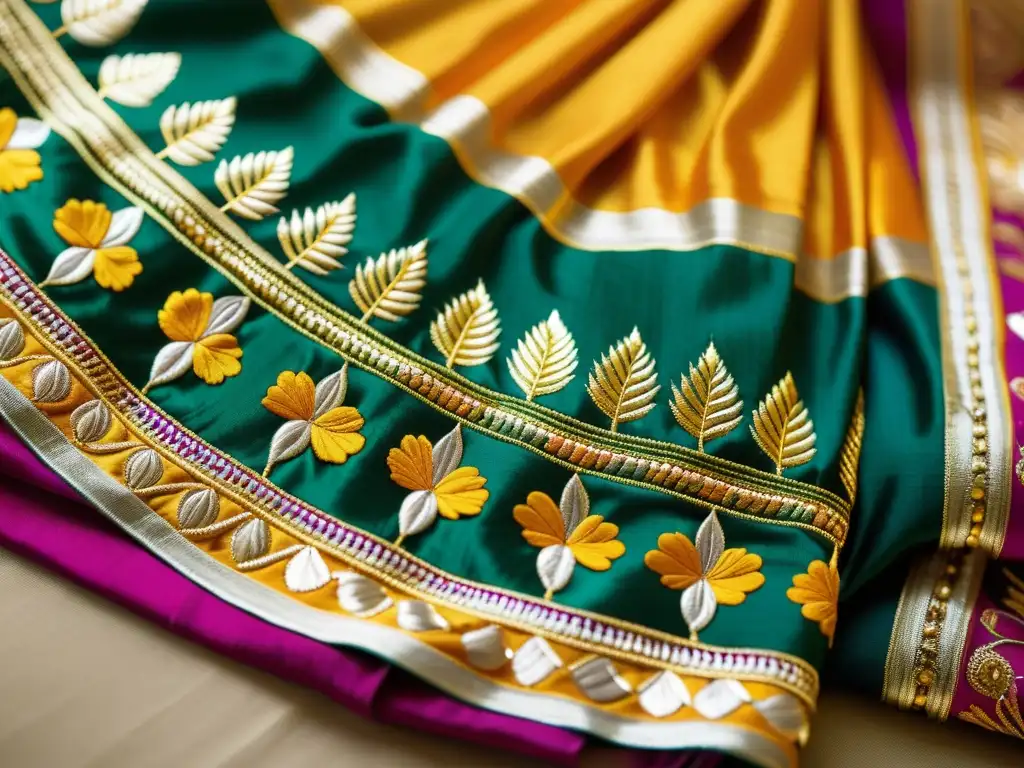 Detalle de un sari rajasthani con Gota Patti en textiles de Rajasthan, resaltando la elegancia y artesanía