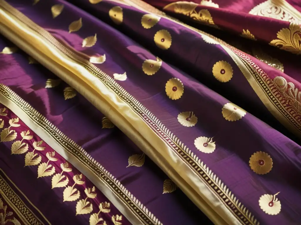 Detalle de un sari de Chanderi Silk, con intrincado trabajo de zari en tonos ricos