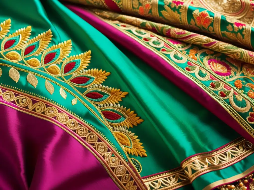 Detalle de sari de seda bordado en colores vibrantes y patrones tradicionales de la India, evocando la opulencia de textiles sagrados en ceremonias y rituales hindúes