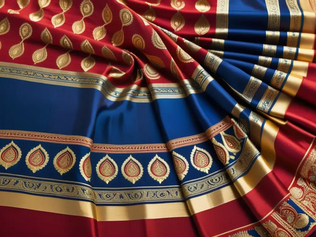 Detalle de sari tejido a mano con motivos tradicionales de la India en rojo, azul y oro