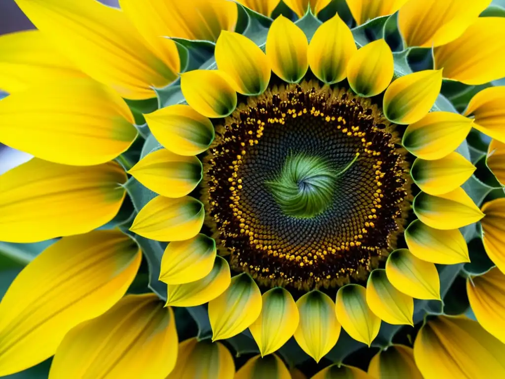 Detalle de girasol con secuencia numérica Fibonacci en flora: patrón espiral de semillas y armonía natural en amarillo vibrante y centro marrón