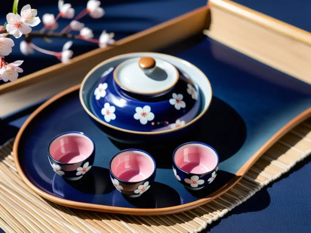 Detalle de set de té Mashikoyaki japonés postguerra, con motivos de cerezo pintados a mano en cerámica indigo