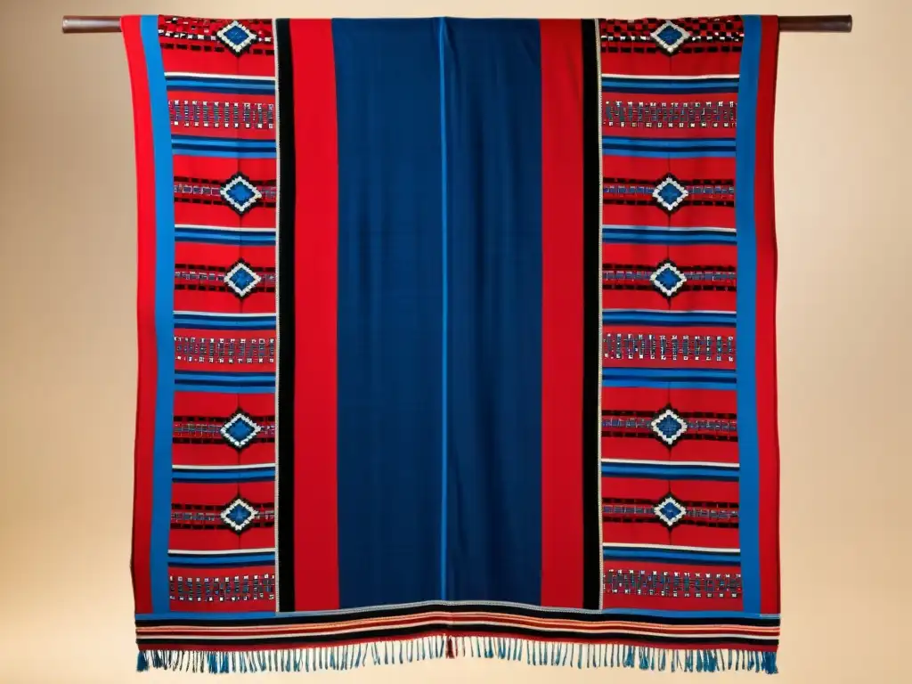 Detalle del significado cultural en tejidos Maasai: intrincada manta shuka con patrones geométricos rojos y azules, tejida a mano por mujeres Maasai