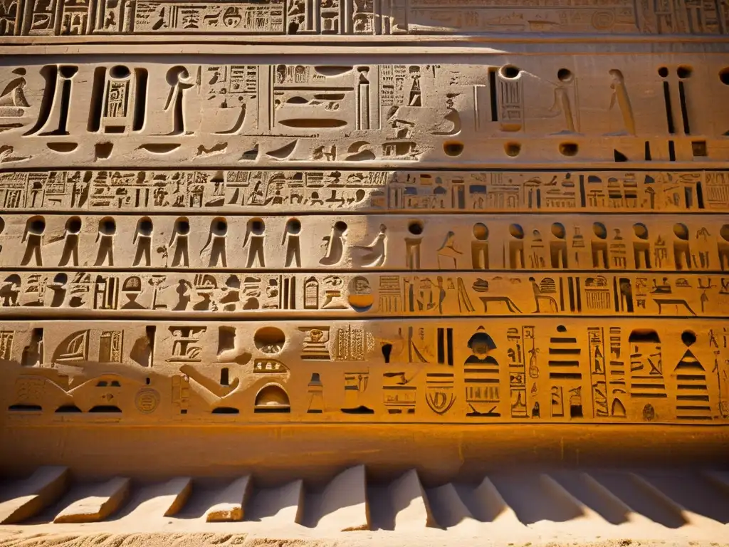 Detalle del significado de los patrones egipcios en las antiguas paredes del templo, con tonos cálidos y texturas que evocan historia y cultura