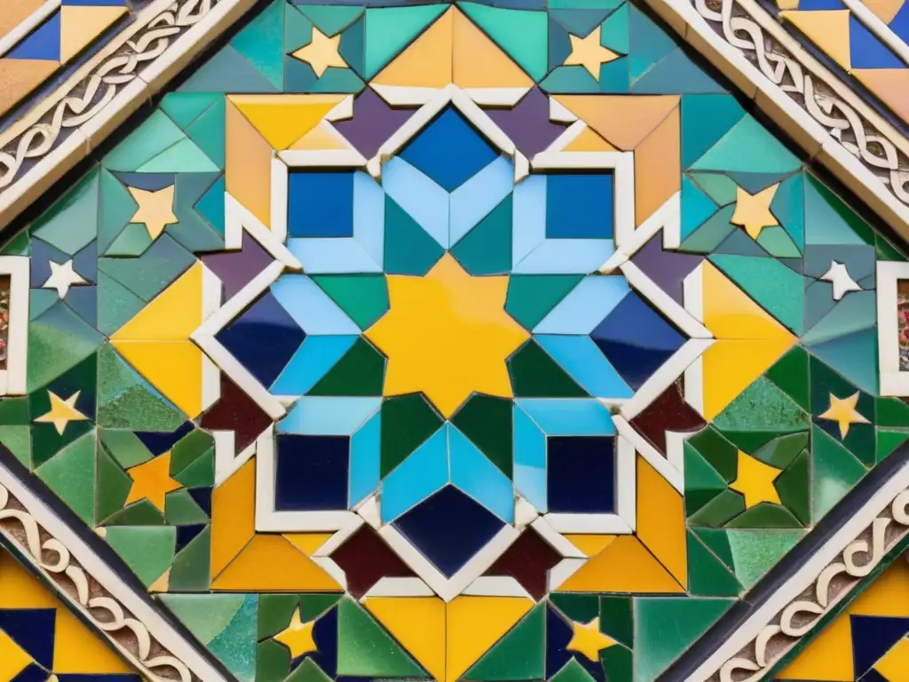 Detalle de mosaico árabe en la Alhambra: simbolismo, geometría divina y colores vibrantes que danzan en la luz y sombra