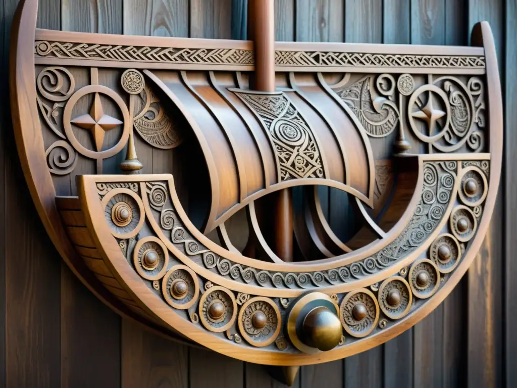 Detalle de una talla vikinga con patrones y runas, resaltando la artesanía y la historia