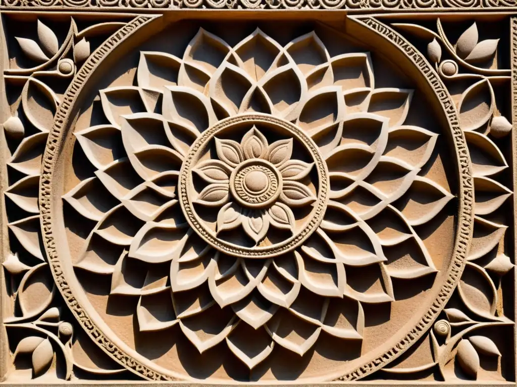 Detalle tallado en arenisca del Templo del Sol en Konark, India, muestra patrones geométricos y motivos florales