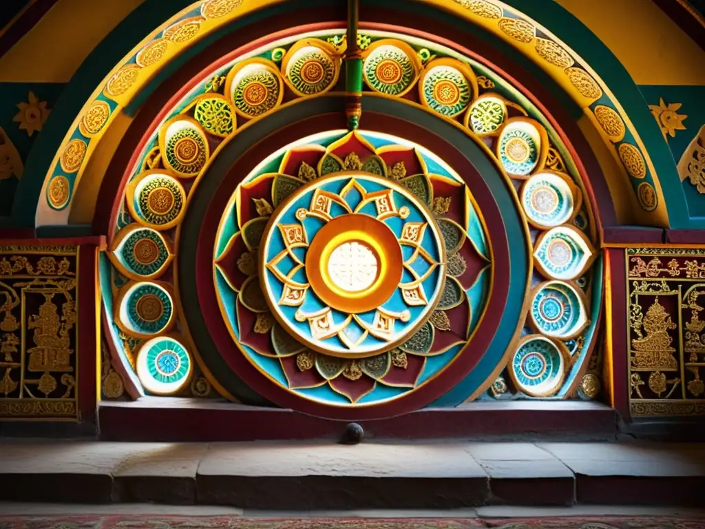 Detalle de mandalas tallados en la pared de un monasterio tibetano, mostrando el significado espiritual de los patrones