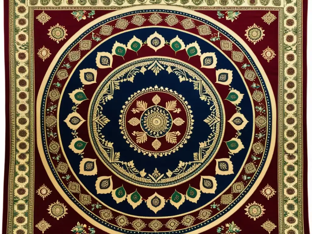 Detalle de tapiz vintage indio con patrones artísticos y geometría sagrada en tonos vibrantes de rojo, azul y verde, enmarcado en bordado dorado