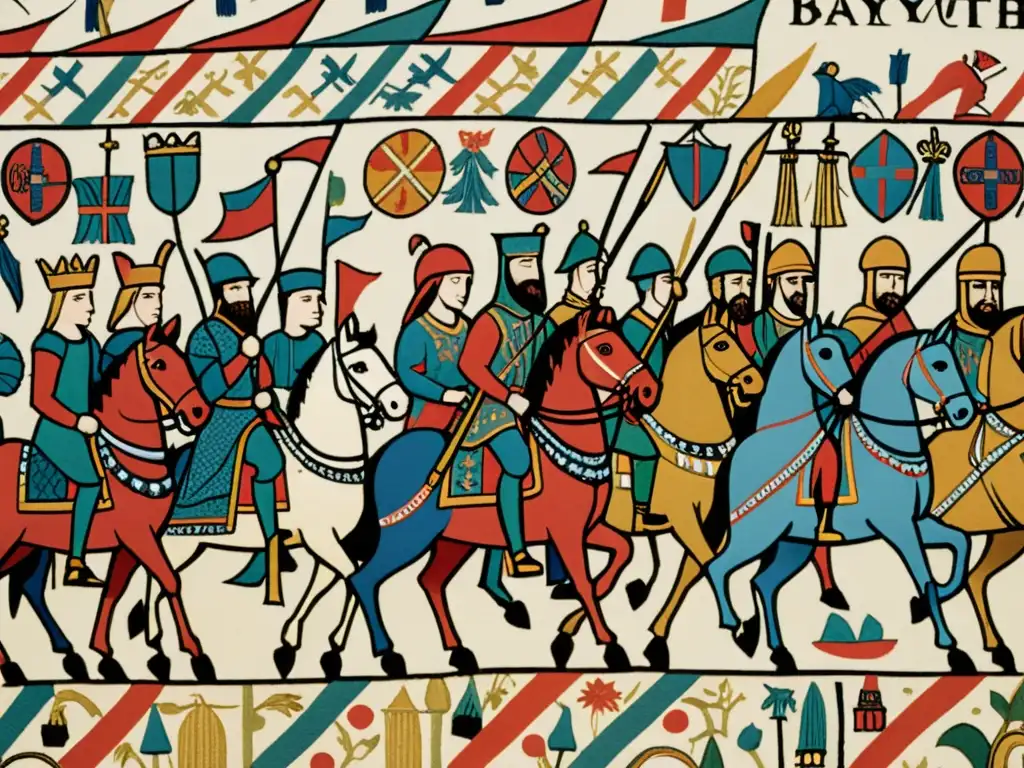 Detalle del tapiz de Bayeux, con patrones del arte medieval europeo en vibrantes colores y escena de la invasión de William the Conqueror