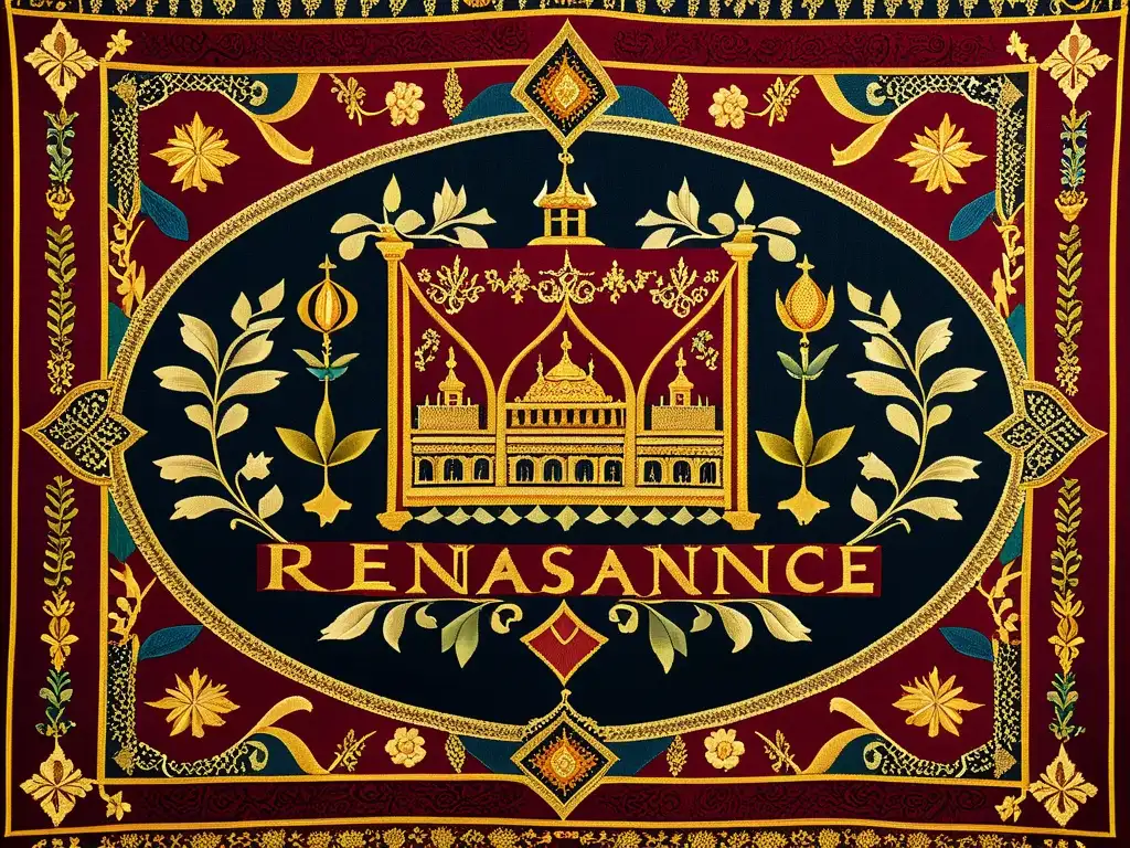 Tapestry renacentista: detalle y simbolismo en colores vibrantes Detalle de tapiz renacentista: simbolismo, patrones y arte en vibrantes colores de oro y carmesí