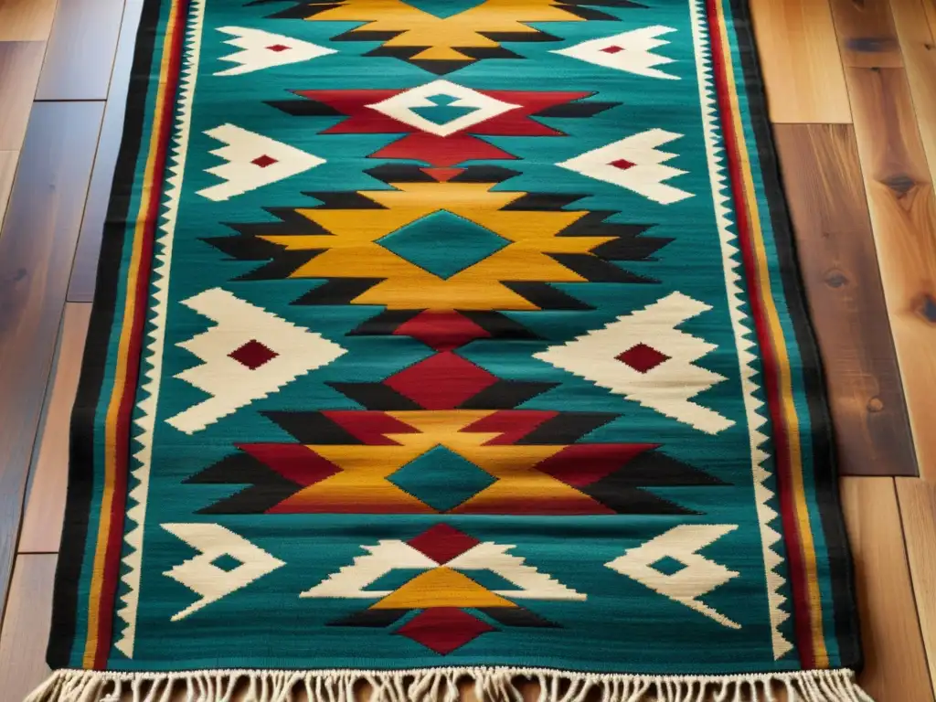 Detalle de un tapiz navajo tejido a mano con patrones geométricos y colores vibrantes sobre suelo de madera envejecida