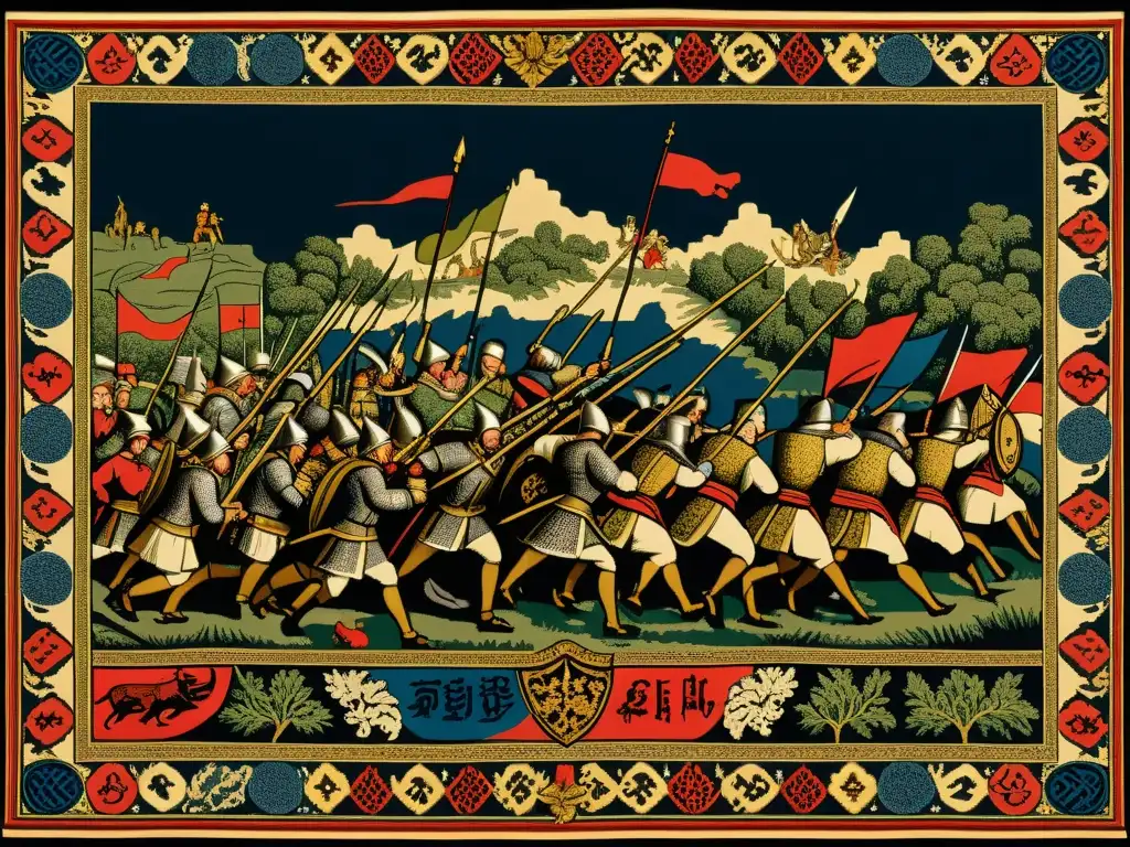 Tapestry épico de batalla en detalle 8k Detalle de tapiz vintage con patrones artísticos en culturas globales representando aliados y enemigos en una escena de batalla