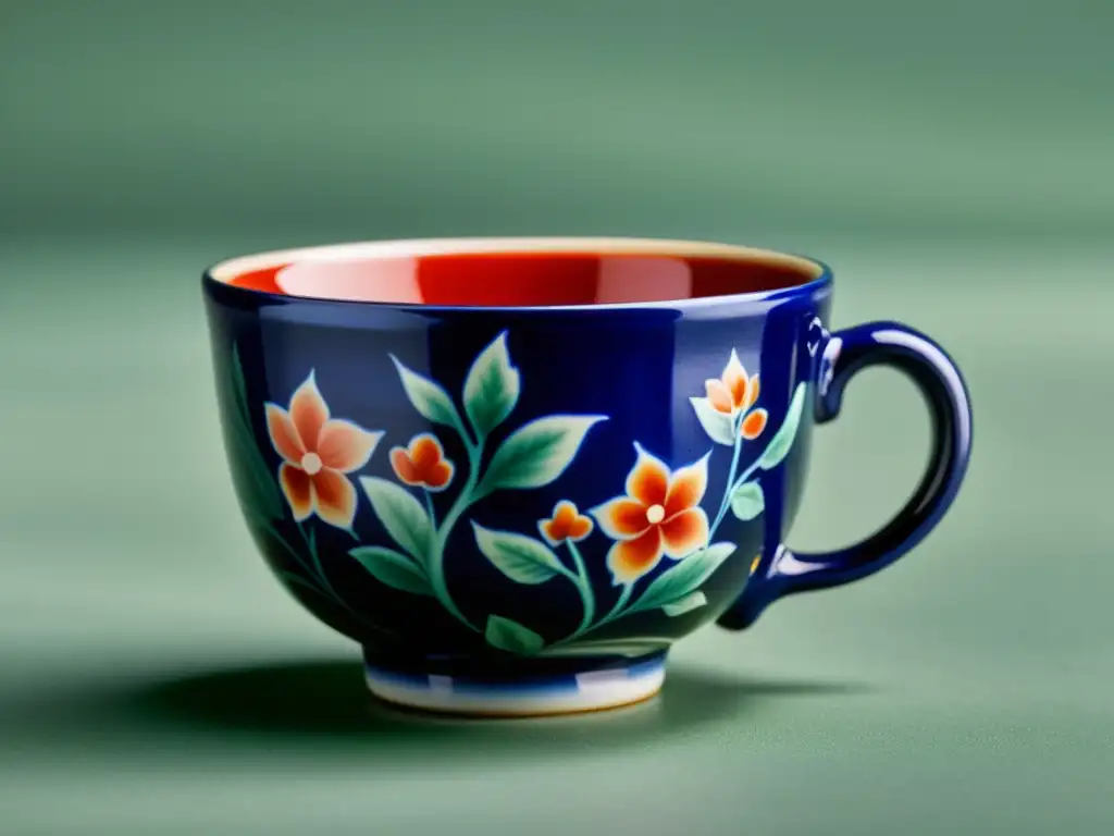 Detalle de una taza de té china pintada a mano con patrones florales en vibrantes tonos de azul cobalto, verde esmeralda y rojo intenso