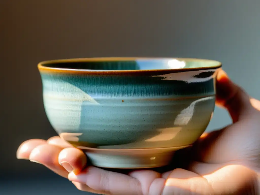 Detalle de una taza de té Hagiyaki, resaltando la estética de la cerámica de Hagi con sus imperfecciones, textura única y sutiles variaciones de color