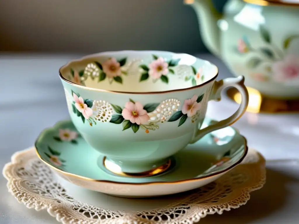 Detalle de taza y platillo de porcelana pintados a mano, evocando elegancia atemporal