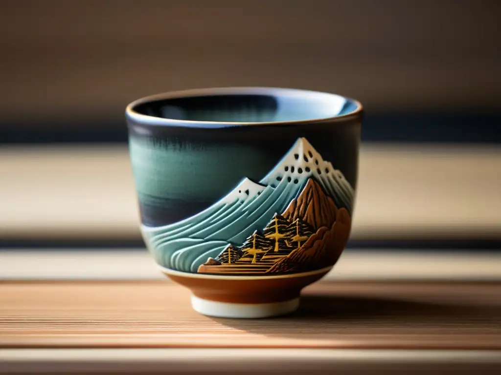 Detalle de taza de té japonesa con motivos samurai en alfarería, reflejando la elegancia y la historia de la artesanía japonesa