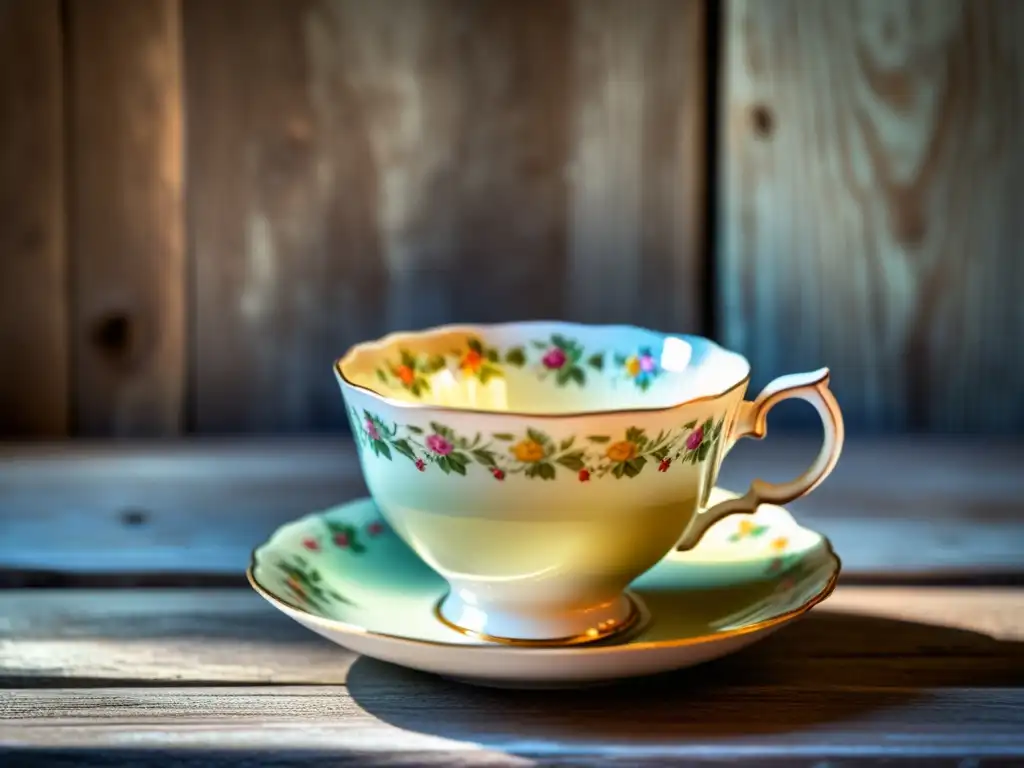 Detalle de una taza vintage con patrones florales, evocando belleza atemporal y artesanía, para adaptación de patrones artísticos en merchandising