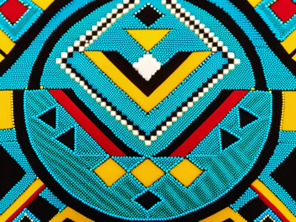 Detalle del tejido de cuentas Zulu, deslumbrando con patrones y colores vibrantes que representan su significado cultural y belleza artesanal