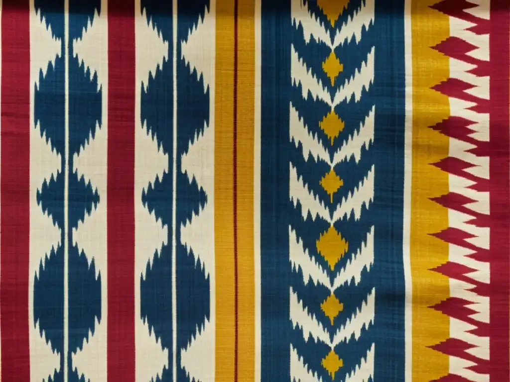 Detalle de un tejido ikat de la India, resaltando la artesanía tradicional y los ricos colores índigo, carmesí y dorado