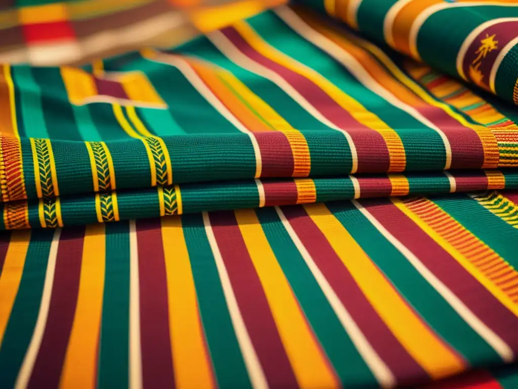 Detalle de un tejido kente africano, con patrones intrincados y colores vibrantes