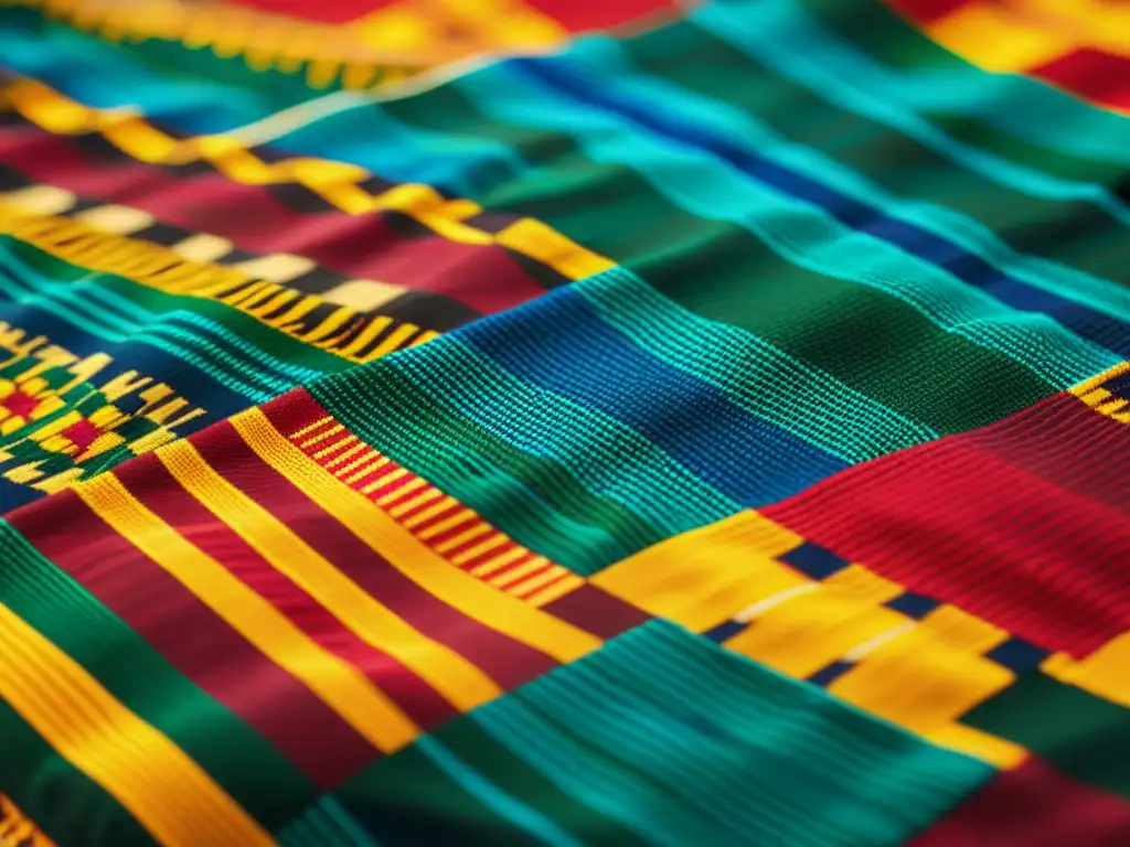 Detalle de un tejido Kente con patrones abstractos textiles Ashanti, resaltando sus colores vibrantes y textura intrincada