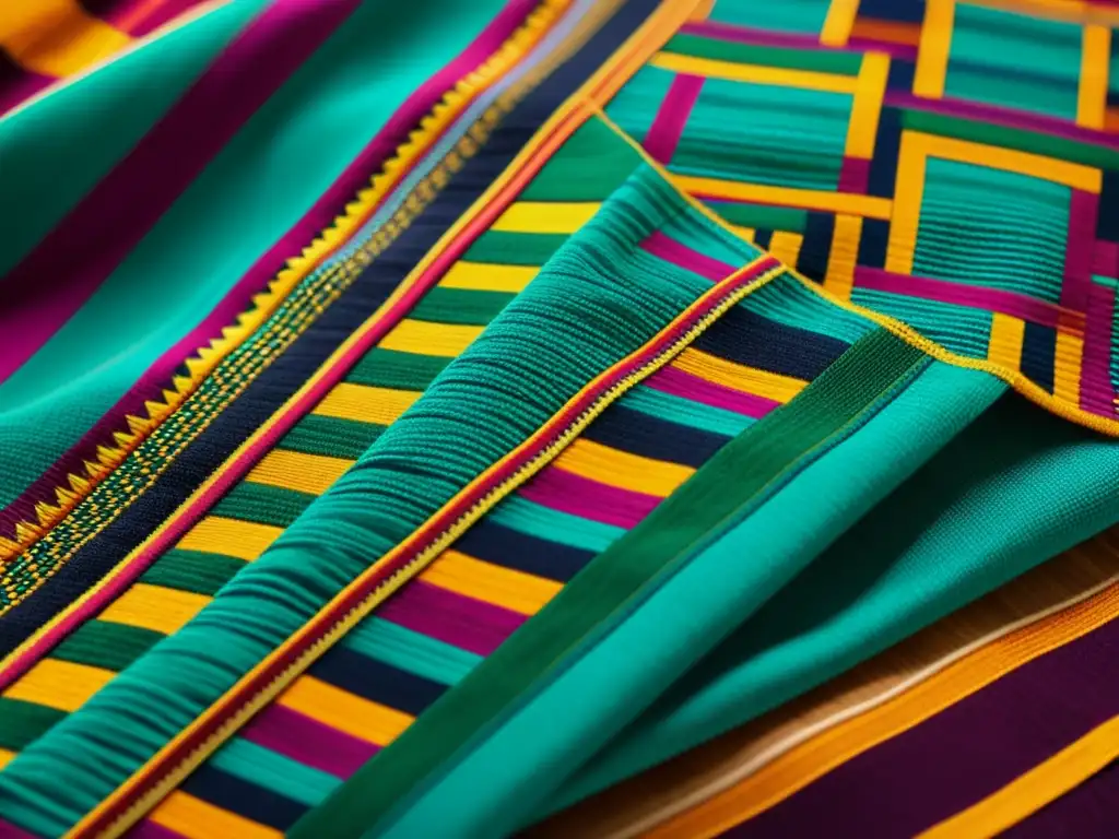 Detalle de tejido latinoamericano contemporáneo, mostrando colores vibrantes, patrones intrincados y experta artesanía