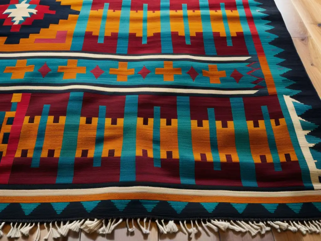 Detalle del kilim tejido a mano con patrones geométricos y colores tierra, que revela la influencia de los patrones de kilims en la artesanía