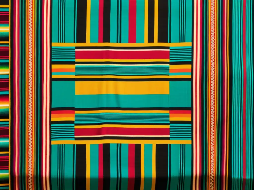 Detalle de tejido Zapoteca: una narrativa visual de textiles zapotecas en vibrantes colores y patrones intrincados, evocando herencia cultural