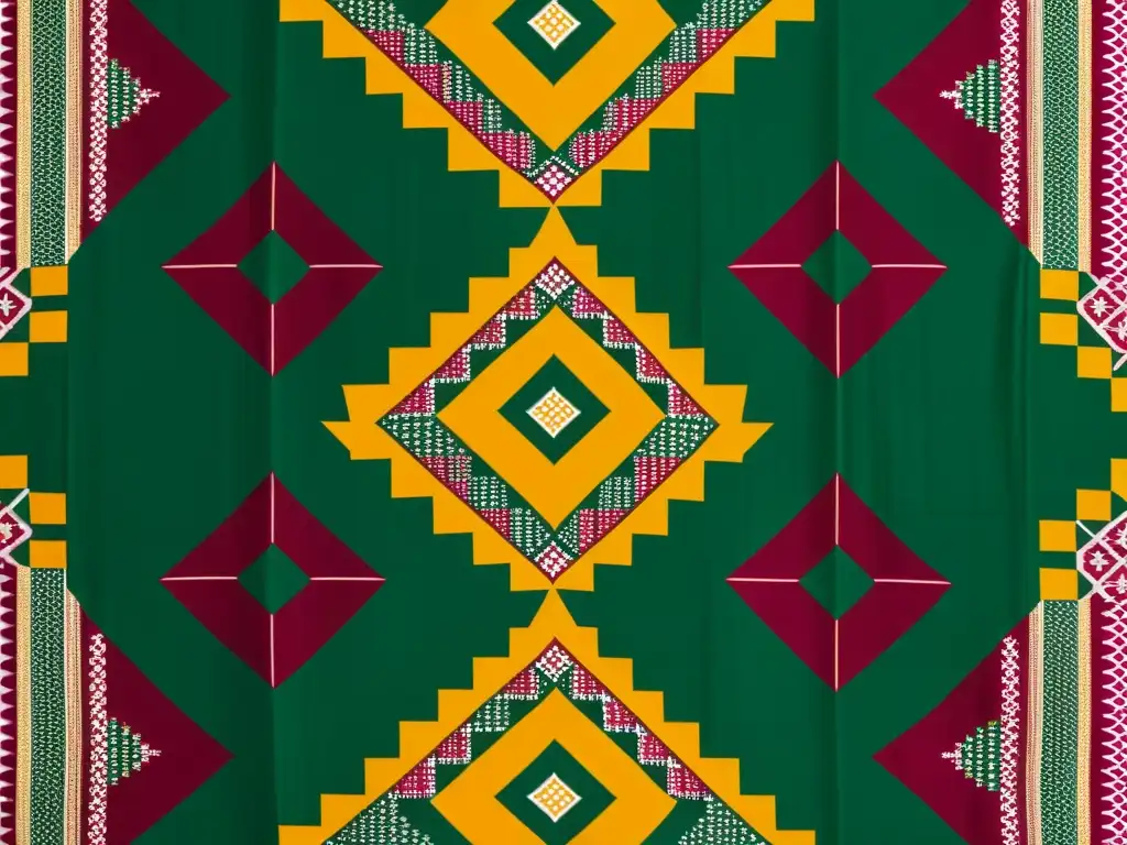 Detalle de un tejido de seda Patola de Gujarat con patrones geométricos vibrantes y colores llamativos, destacando la artesanía y la belleza cultural