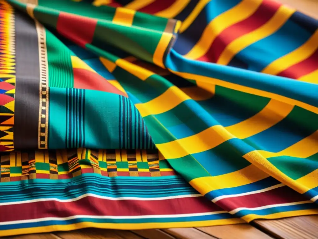 Detalle de un tejido tradicional africano Kente exhibiendo sus vibrantes colores y patrones geométricos