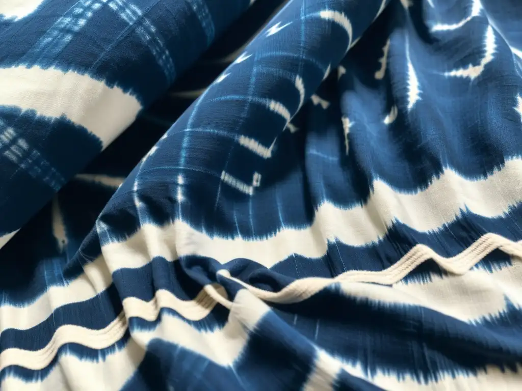 Detalle de tela índigo vintage con técnicas de diseño patrones Shibori, rico en textura y profundidad artesanal