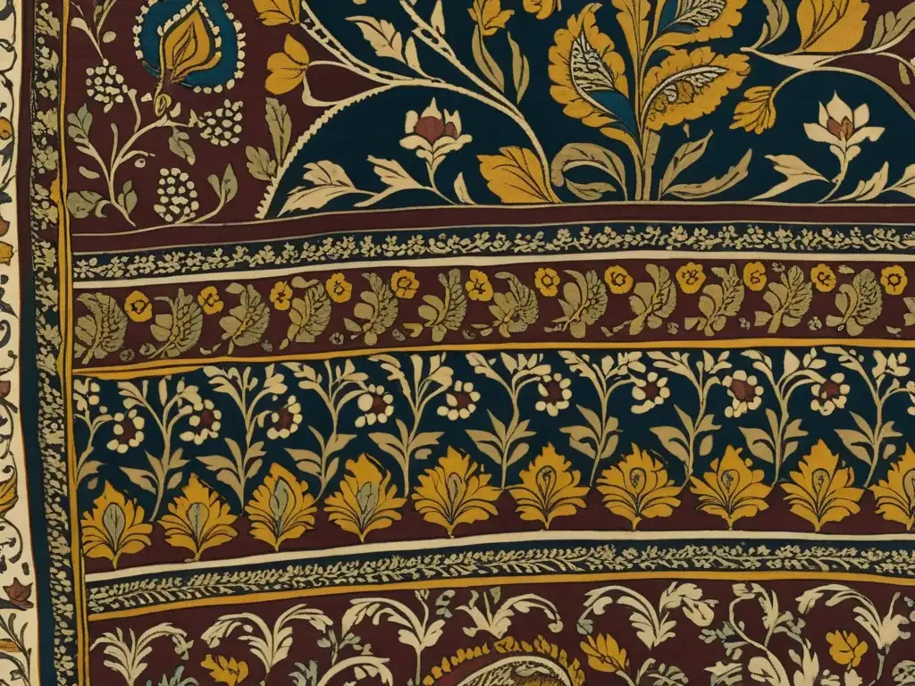 Detalle de tela Kalamkari con técnica de pintura en tela india, diseños florales y escenas mitológicas en tonos tierra vibrantes