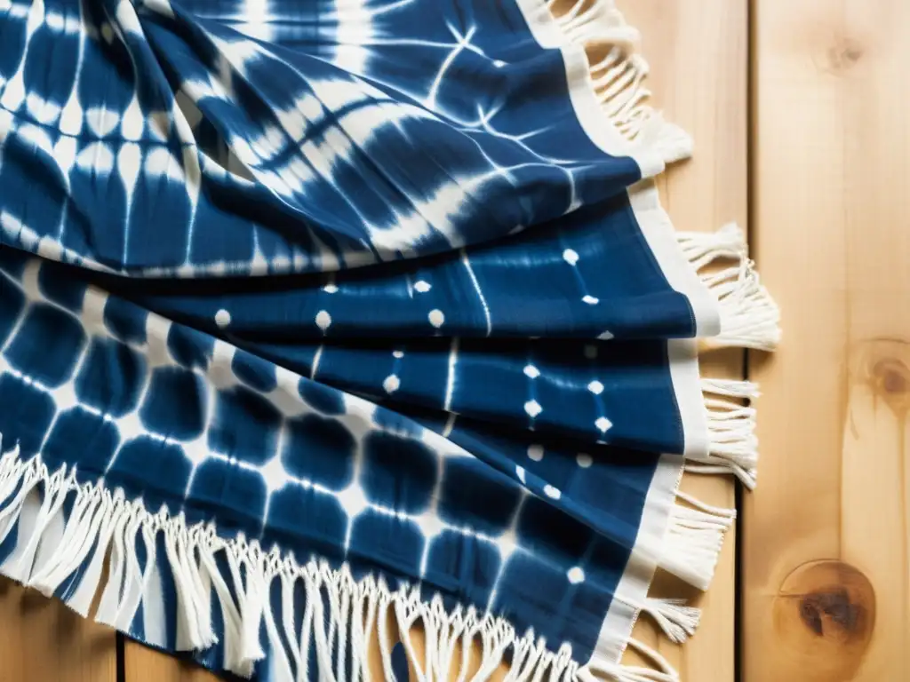 Detalle de una tela Shibori vintage con técnicas de diseño de patrones Shibori en tonos índigo y blanco, resaltando su elegancia y tradición artesanal