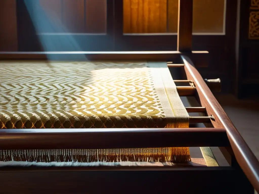 Detalle de un telar antiguo iluminado por la luz solar, tejiendo brocados Banarasi en Varanasi, evocando elegancia y tradición artesanal