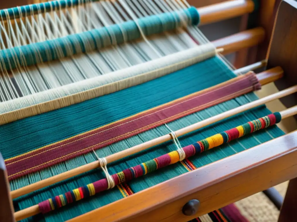 Detalle de telar de cintura tradicional con patrones y tintes naturales en colores vibrantes, reflejando la rica artesanía textil de Latinoamérica