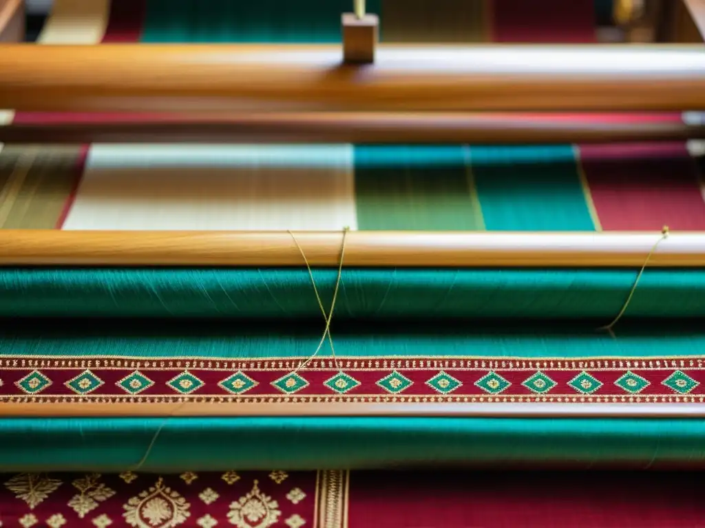 Detalle de telar de madera tradicional con tejido mashru de fusión seda y algodón, resaltando la rica historia de la tela