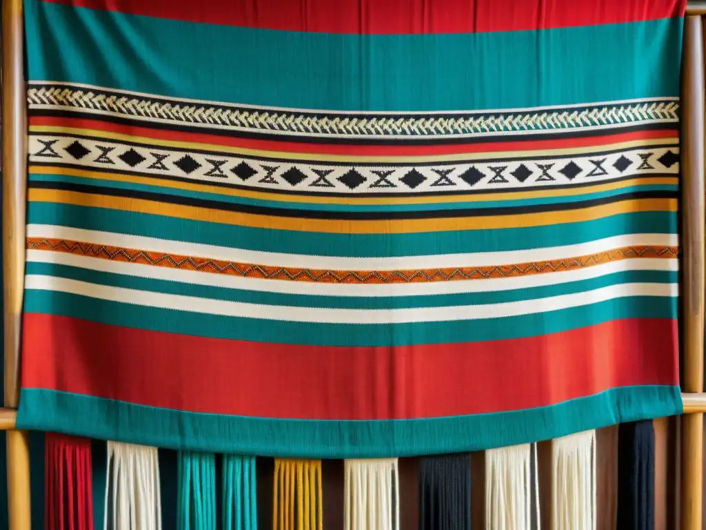 Detalle de un telar Mapuche con tejido artesanal, resaltando el significado simbólico del arte textil Mapuche en la cultura contemporánea