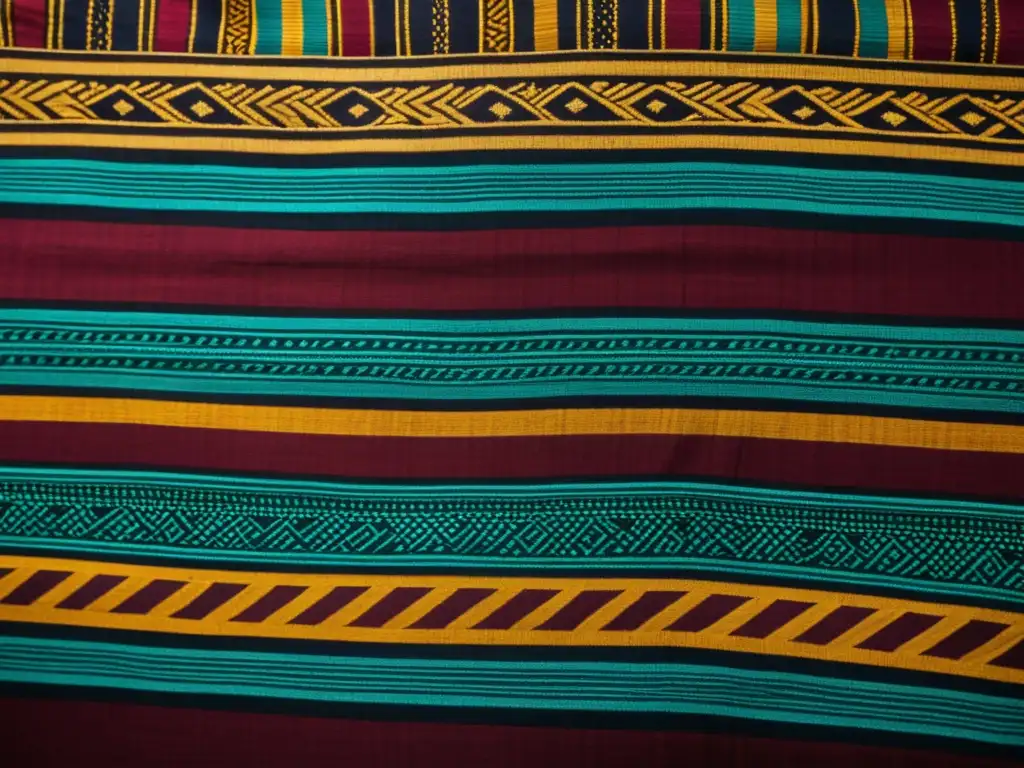 Detalle de textil africano antiguo restaurado, con patrones e colores vibrantes, evocando la artesanía de África