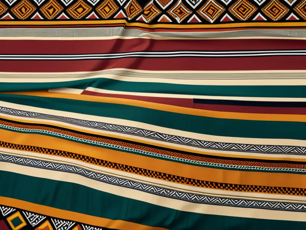 Detalle de textil africano con patrones geométricos y colores vibrantes, evocando la artesanía y significado cultural