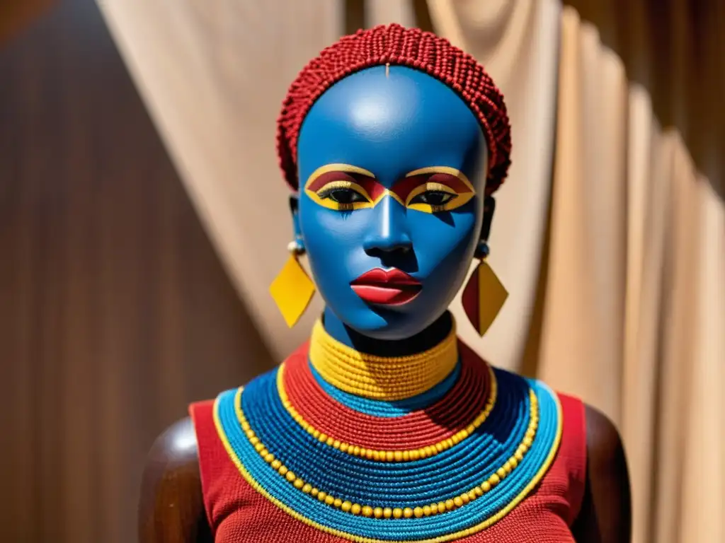 Detalle de patrón textil africano en rojo, azul y amarillo, mostrando artesanía y significado cultural