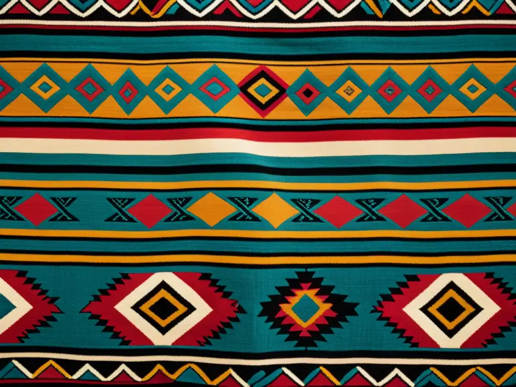 Detalle de un textil andino con patrones precolombinos y técnicas ancestrales, evocando herencia y tradición