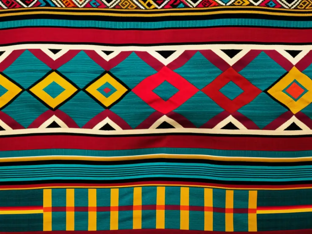 Detalle de un textil andino con patrones e colores vibrantes y símbolos que representan la identidad cultural