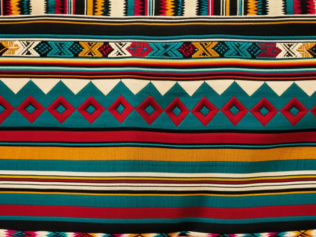 Detalle de un textil Andino con patrones artísticos de culturas ancestrales en vibrantes colores terrosos y tejido a mano