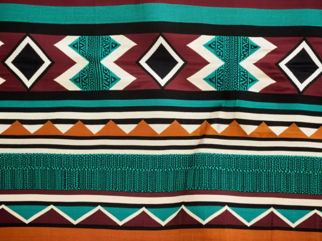 Detalle de textil artesanal de Burkina Faso con motivos tradicionales tejidos y colores tierra vibrantes